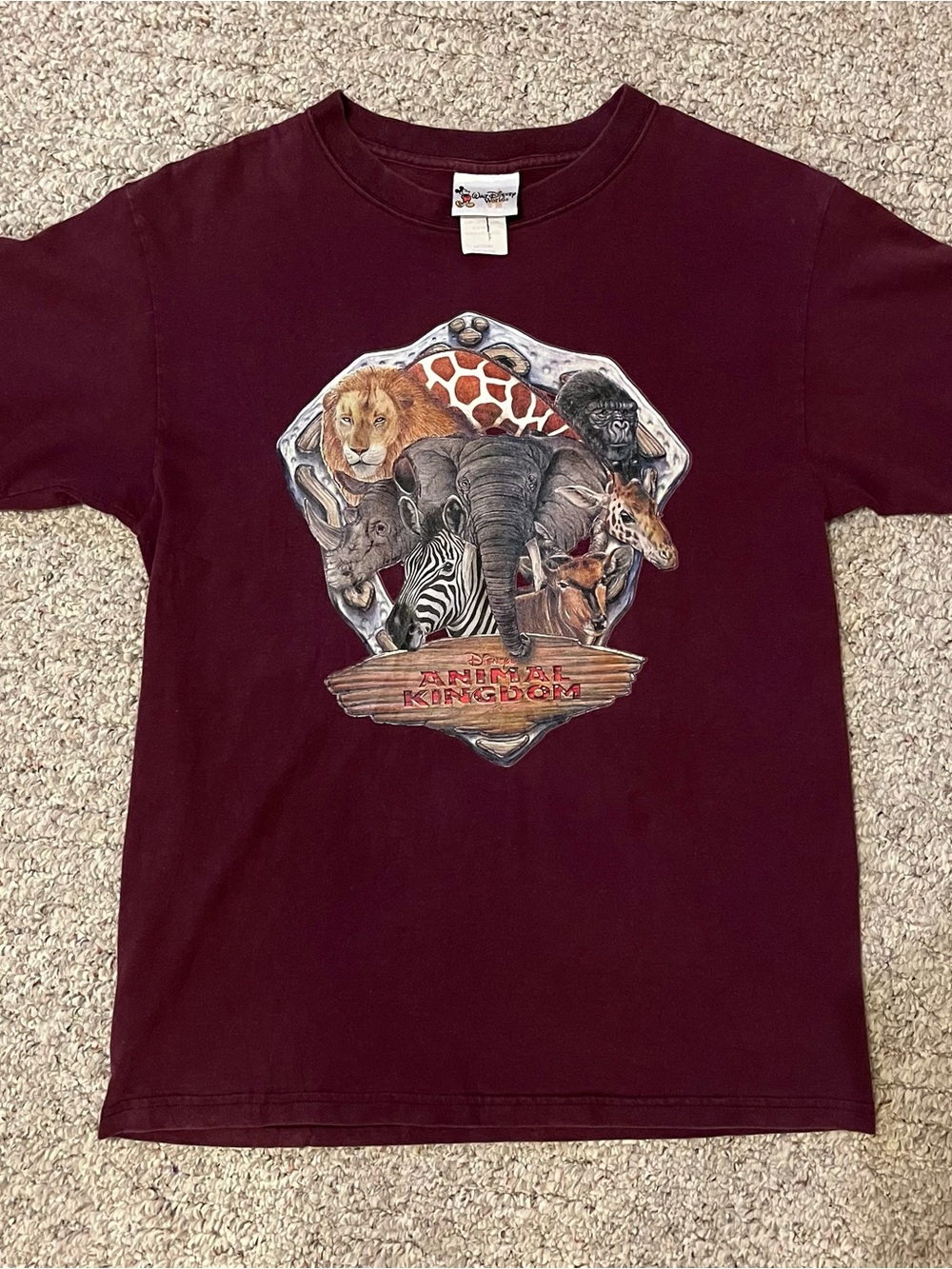 Vintage Walt Disney Word Animal Kingdom Maroon Shirt
